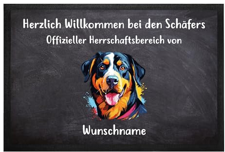 Personalisierte Fußmatte für Hundebesitzer „Offizieller Herrschaftsbereich“ mit Hundemotiv (100 Hunderassen wählbar), eigenem Willkommen-Spruch und Wunschnamen (Großer Schweizer Sennenhund)