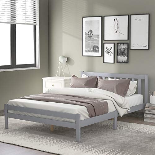 Merax Double Wood Bed Frame, 4ft6 Solid Wooden Bed Frame, Double Shaker Bed Frame, Wooden Bed with Low End Footboard for Adults, Kids, Teenagers, Grey/135x190cm(No Mattress)