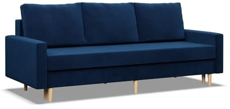 Mebligo - Sofa mit Schlaffunktion und Bettkasten Blank, 3 Sitzer Sofa 212 cm Breit, Schlafsofa, Ausziehbares Couch auf Holzfüßen,Schlafcouch - Blau