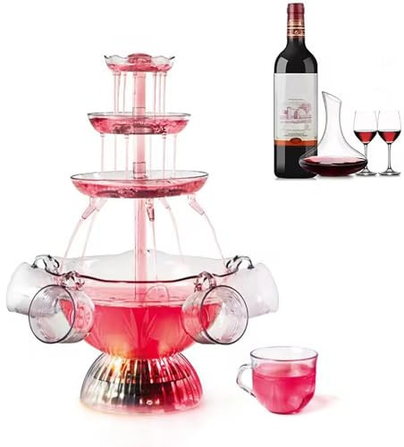 HTONVK 3 Tier Electric Fountain Party Drink Machine with LED Lighted Base, Clear Cocktail Red Wine Drinking Fountain Beverage Beer Party Fountain, 5 Reusable Cups for Vintage Drinking Games, Bar