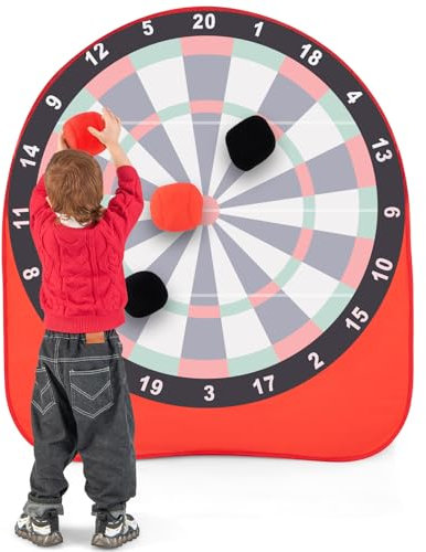 DREAMADE Dartscheibe Kinder, Dartspiel Klettballspiel mit 4 Klettbällen & Tragetasche & Reparaturkit, Wurfspiel Kinder Outdoor Indoor 145 x 132 x 162 cm (Rot)