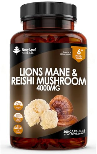 Lions Mane & Reishi Mushroom Capsules - High Strength 4000mg Lions Mane Supplement with Reishi - 360 Vegan Lions Mane Mushroom Powder + Reishi Mushroom Capsules - Made in UK by New Leaf