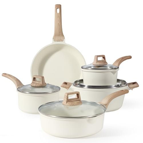 CAROTE Ensemble 9 pièces, poêle 26 cm, casserole avec couvercle 18/20 cm, marmite 24 cm, sauteuse 28 cm, revêtement antiadhésif, batterie de cuisine induction