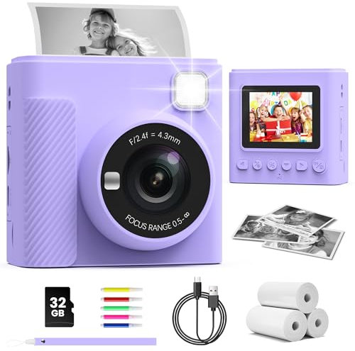 TIATUA Camara Fotos Infantil Instantanea, 2,4 Pulgada 1080P Cámara de Fotos Instantánea con Tarjeta de 32 GB y Papel Fotográfico, Regalo para Niños de 3 a 12 Años