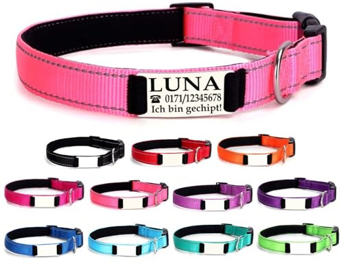 Ibera gifts - Hundehalsband Personalisiert, Hundehalsband Mit Namen Für Kleine Hunde, 25-40 cm, Reflektierend (Rosa, S Klein)