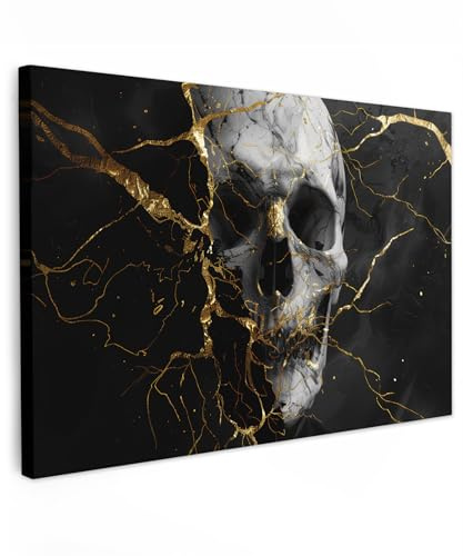 MuchoWow© Bild auf Leinwand Schlafzimmer Bilder Badezimmer Wand Deko | 90x60 cm - Wohnzimmer Modern Wanddeko Bilderwand Geschenk Gold - Abstrakt - Schädel - Unheimlich - Tod