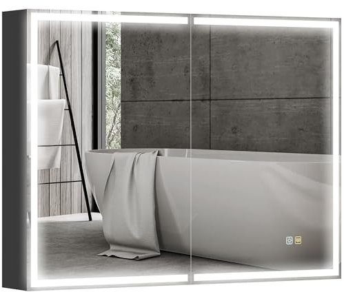 HOMCOM Armoire Murale Salle de Bain avec Miroir et LED, 60 x 80 cm, Meuble Salle de Bain, Armoire de Toilette - Anti-buée, variateur de lumière, 3 Couleurs, Noir