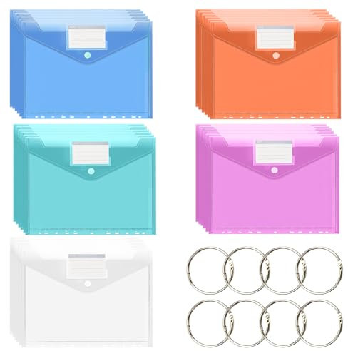 Yeria Lot de 30 porte-documents A4 avec anneaux à feuilles volantes et porte-étiquette – Porte-documents A4 à classer avec 11 bords perforés, classeur transparent pour l'organisation de documents
