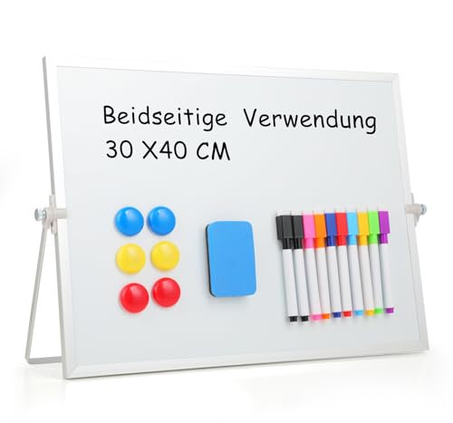 Tableau Blanc Effaçable sur Pied 30x40 cm, Ardoise Effaçable Magnétique Double Face avec Support, Tableau Blanc Effaçable Magnétique pour Enfants, Maison et Bureau, White Board Polyvalent.