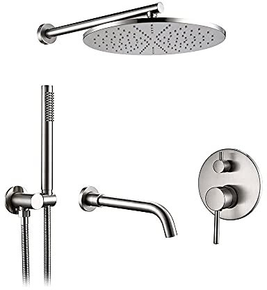 YHEIANJ Duschsystem Bad 8-12 Duschkopfsystem-Kit Aus Gebürstetem Edelstahl Regen-/Messing-Umsteller-Mischbatterie-Set Handgehaltenes Wandarmventil,12inch260mm3ways