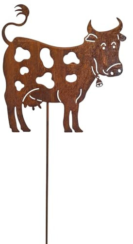 Bornhöft Gartendeko Kuh Gartenstecker aus Edelrost, 18x18 cm, 60 cm Höhe, Metallstecker für Garten rostige Dekoration für Terrasse und Balkon Wetterfeste Deko