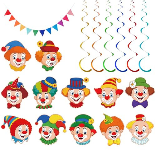 12 Stück Clown Girlande Karneval mit Wimpelkette, Spiral Girlanden für Deckenhänger, Hängedeko Partydekoration Hängegirlanden, Clown Motiv Karneval Luftschlangen Deko für Faschingsparty Zirkus Party