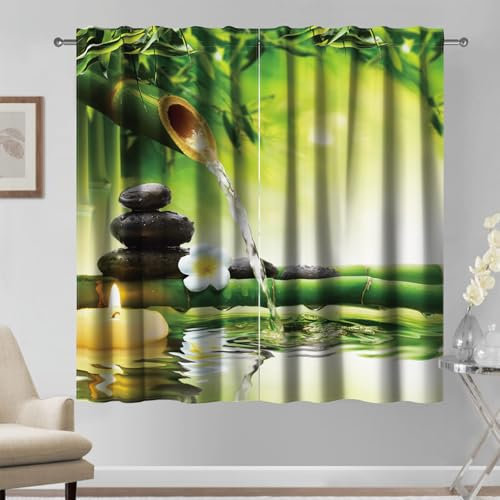 Kzzfqxb Rideaux 140x229cm 2 Panneaux, Spa Vert Bambou Transparent Printemps Galets Bougie aromathérapie Yoga méditation Japonais Relaxant pour fenêtre, décoration Zen pour Chambre Salon