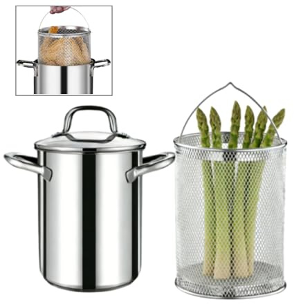 Asparagus Pot Stainless Steel Cooking Pot with Strainer and Lid 4L Pasta and Asparagus Cooker Kitchen Cookware for Noodles, Spaghetti, Deep Frying, Large Capacity, Dishwasher Safe