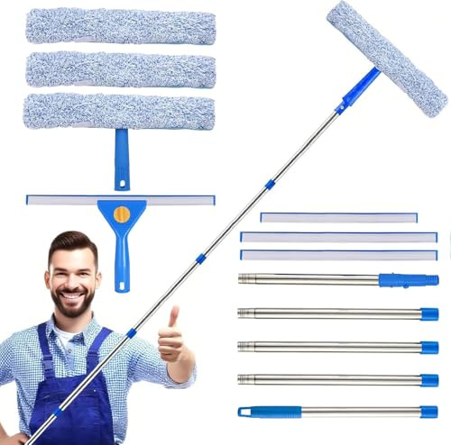 2m Window Cleaning Equipment Cleaner Tool with Long Extendable Pole, 35cm Scrubber(3 Replaceable Sleeves), 3 Squeegees(35cm *2 & 25cm *1), Ideal Cleaning Kit for High Windows, Car, RV & Shower Glass