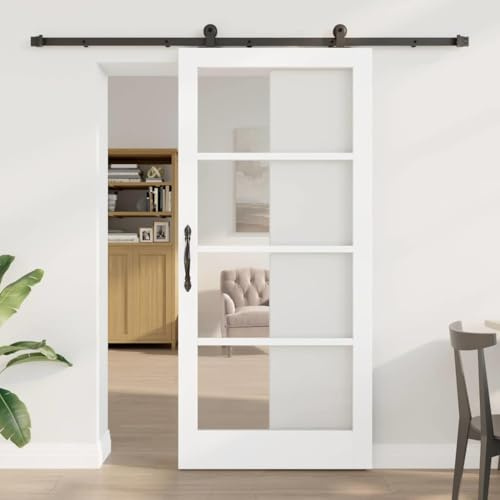 Iiaky Glasschiebetür Komplettset mit tür Schiebetür mit Beschlag Glasschiebetür Metall Zimmertür für Schiebetüren Tür Innentüren Trennwände-Weiß-93 x 202 cm/213.5 cm
