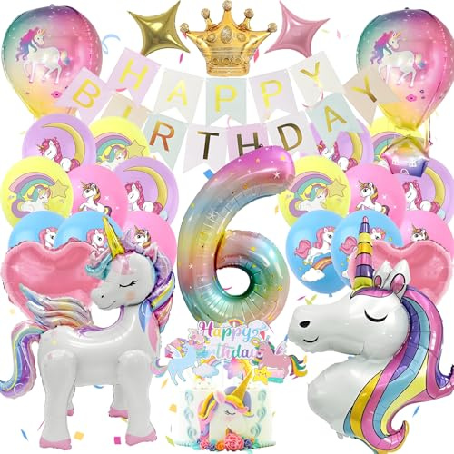 Einhorn Geburtstag Deko 6 Jahre Mädchen, Einhorn Kindergeburtstag Party | 6. Geburtstag Mädchen, 40-Zoll Zahlenballon, Happy Birthday Banner, 4D-Einhornballon, Heißluft- und Herzballons, Kuchendeko