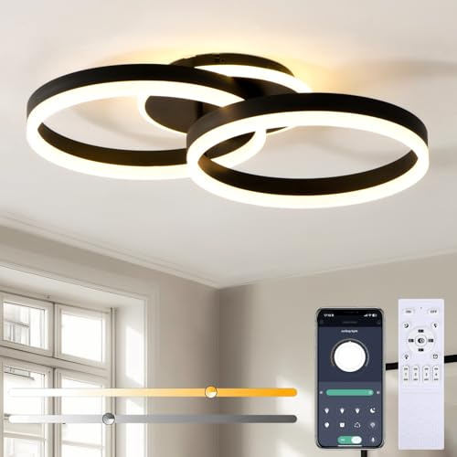 LED Deckenleuchte Dimmbar 36W 50cm, Smart Deckenlampe mit Fernbedienung & App, 3000K–6500K LED Deckenleuchte Wohnzimmer Modern Rund, Deckenlampe Schlafzimmer Küche Flur mit Nachtlicht & Memory,Schwarz