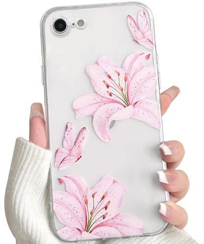 NITITOP for iPhone 7/8 / SE Case Clear Cute Flower Lily, Pink | for Women Girls, Aesthetic Floral Butterfly Design, Transparent Soft TPU Shockproof Cover, Full Camera Protection
