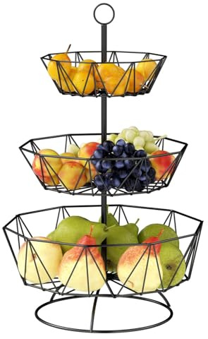 Chiluxendo Fruteros de Cocina de 3 Niveles, Frutero de Metal, Cesta Fruta Desmontable, Cesta de Frutas para Almacenamiento Verduras, Pan y Aperitivos(Negro, 44.5 × 28.5cm)