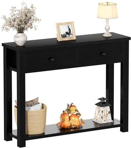 iSunirm Table console de style ferme en bois avec 2 tiroirs, table de 80 cm de large avec compartiment de rangement pour salon, derrière le canapé, table d'entrée pour couloir, salon ou entrée, Noir