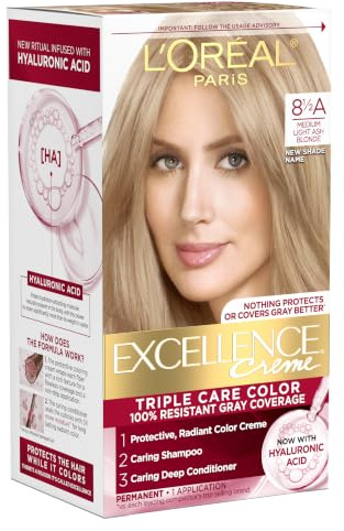 L'Oreal Paris Excellence Crème Permanent Hair Dye, Triple Care Hair Color with Hyaluronic Acid for 100% Gray Coverage, 8.5A Medium Light Ash Blonde, 1 Kit (Packaging May Vary)
