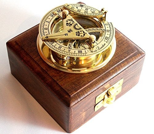 THOR INSTRUMENTS Brass Sundial Compass -Solid Brass Pocket Sundial - West London with Wooden Box Rustic Vintage Home Decor Gifts