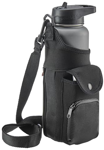 Smooth Trip One Size Stretch Water Bottle Holder with Strap - Insulating Neoprene Bottle Holder for Walking with Storage and Phone Pocket, Fits up to 32 oz. Bottles