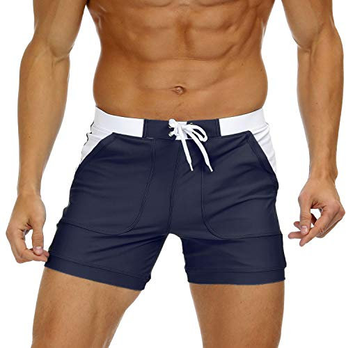 KEFITEVD Men's Quick Dry Swimming Shorts Sexy Beach Board Trunks Summer Short Swim Pants with Adjustable Drawstring , Navy Blue, 36