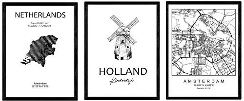 Pack von Plakaten und Denkmäler Ländern. Amsterdam Stadtplan, Karte Niederlande Kinderdijk Denkmal. A3 Größe