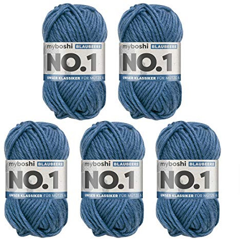 myboshi No.1-Wolle zum Häkeln und Stricken, Schnellstrickgarn, langlebige Mützenwolle, Mulesing-frei, 50g, Ll 55m Blau (Blaubeere) 5 Knäuel
