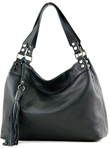 modamoda de T201 Damen Leder Schultertasche Handtasche handmade in Italy, Farbe:Schwarz