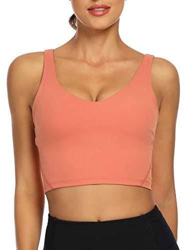 Lemedy Damen Sport-Bustier, langes, bauchfreies Tank-Top, gepolstert, Workout, Laufen, Yoga - Pink - X-Large