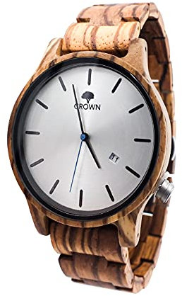Holzuhr Herren Crown Holzarmbanduhren für Herren | Zandel Holz ideal für Allergiker | Holzuhren Männer mit japanischem Quarz-Uhrwerk, Schweizer Krone | Männeruhr Holz 50 Gramm Ziffernblatt 40 mm (397)