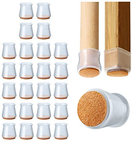 24 pcs Protection Pied De Chaise Silicone avec Feutre,Patin Chaise de Chaise en pour Pieds de Chaise Ronds et carrés, Bouchon Pied de Chaise pour éviter Le Bruit et Les Rayures-Transparent (Moyen