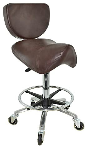 VAKON SALON - Sattelhocker mit Lehne Braun, Sattelstuhl für Rückenentlastung, Rollhocker höhenverstellbar von 55-75 cm mit Fußring, Drehhocker, Praxishocker, Bürohocker, Arbeitshocker