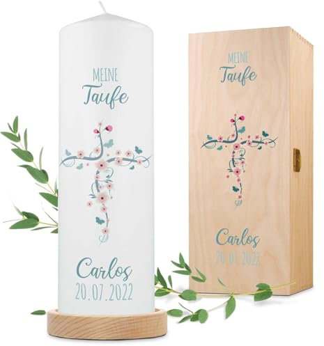 GRAVURZEILE Bedruckte Kerze - Taufkerze Blumenkreuz - brilliant bedruckte Kerze zur Taufe - Personalisiertes Taufgeschenk für Mädchen & Jungen - Hochwertige Stumpenkerze 250/80 mm Farbe Blau