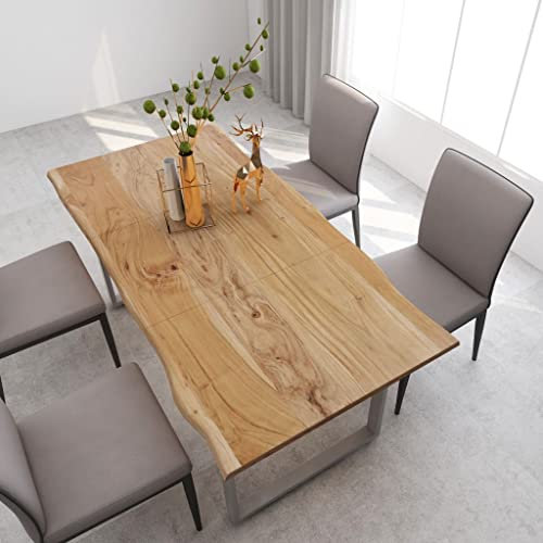 Makastle Esstisch Baumkante, 180x90x76 cm, mit Masivholz Tischplatte und U-Gestell Silbern, Baumkantentisch Esszimmertisch Holztisch für Küche Wohnzimmer, Braun