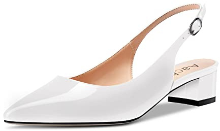 Aachcol Donna Slingback Chunky Blocco Basso Tacco Heel Pumps a Punta Cinturino alla Caviglia Sandali Dress Scarpe Feste Ufficio da Matrimonio Bianco Verniciata 3.5 CM 41 EU