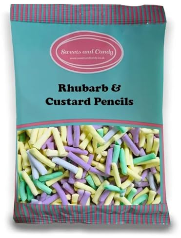 Sweets and Candy® Rhubarb and Custard Pencils 1Kg - Retro Tangy Rhubarb and Creamy Custard Flavour Soft Candy Sticks - Classic and Colourful British Pick and Mix Sweets - Bulk 1 Kilo Bag