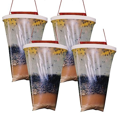 4PCS Fly Trap Bag, Fly Catcher Outdoor Indoor Disposable, Large Capacity Ranch Fly Trap Catcher Bags with Fly Bait, Hanging Fly Traps Killer for Outdoor Garden Farm Horse Barn