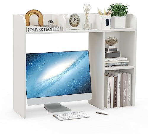 HOMASIS Schreibtischregal mit 5 offene Ablagefächer, Schreibtischständer aus Holz mit Bücherregal, multifunktionaler Tischorganizer mit Anti-Kipp Vorrichtung, Tischregal zur Studie & Büro (Weiß)