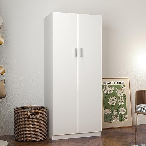 2 Door Double Wardrobe for Small Bedroom Bedroom Furniture Robe with Hanging Rail, 72 x 49 x 169 cm (White)