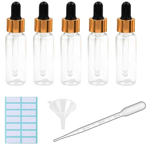 5Pcs Transparent Dropper Bottle 20ML Plastic Eye Dropper Bottles for Essential Oil Pipette Refillable - with Measured Pipette, Funnel and Labels (Black + Gold Cap)