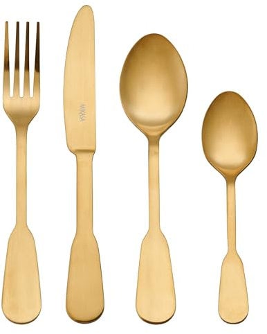 Mikasa Soho Gold Juego de Cubiertos de Acero Inoxdable de 16 Piezas, Juego para 4, Incluye 4x Cuchillos, Tenedores, Cucharas de Postre y Cucharillas de Té, Apto para Lavavajillas