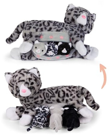 Mamanimals Katze Kuscheltier mit 3 Baby Katzen, Babys im Bauch mit Reißverschluss verstaubar, magnetische Zitzen zum Säugen, hochwertiges Plüschtier Set für Kinder, Geschenk für Kinder