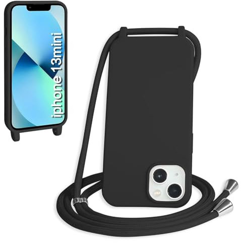 SLWYF Compatible with iPhone 13 Mini Crossbody Lanyard Case, Liquid Silicone Protective Phone Case with Strap Adjustable Neck Cord Necklace Soft Cover for iPhone 13 Mini, Black