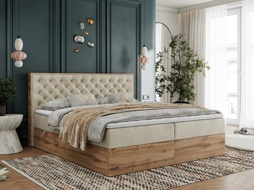 MKS MEBLE Boxspringbett 140x200 mit Bettkasten Holz Holzrahmen, Boxbett 140x200 mit Matratze H4 und Kopfteil - Beige Samt - Albero-3