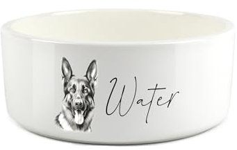 German Shepherd Pet Bowl - Black & White Portrait Large Ceramic Water Bowl - White Water Dish For Dogs