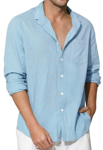 Enlision Sky Blue Linen Shirts for Men Long Sleeve Shirt Casual Henley Cotton Button Down Summer Beach Holiday Light Blue with Pocket L